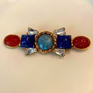 Signed Lawrence VRBA brooch w faux lapis, turquoise & carnelian. 3.5” by 1 “.